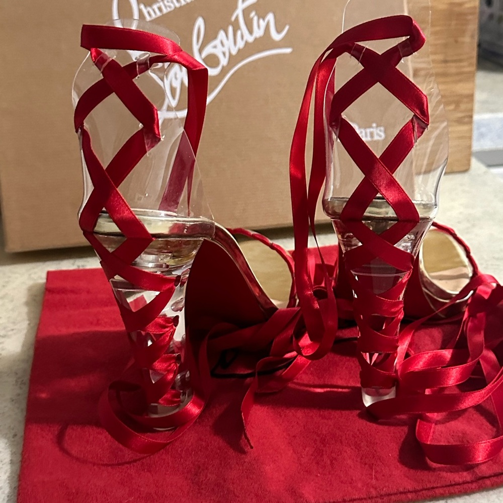 Christian Louboutin Rare Tornade Blonde 120 Red Ribbon & PVC Heels size 37.5